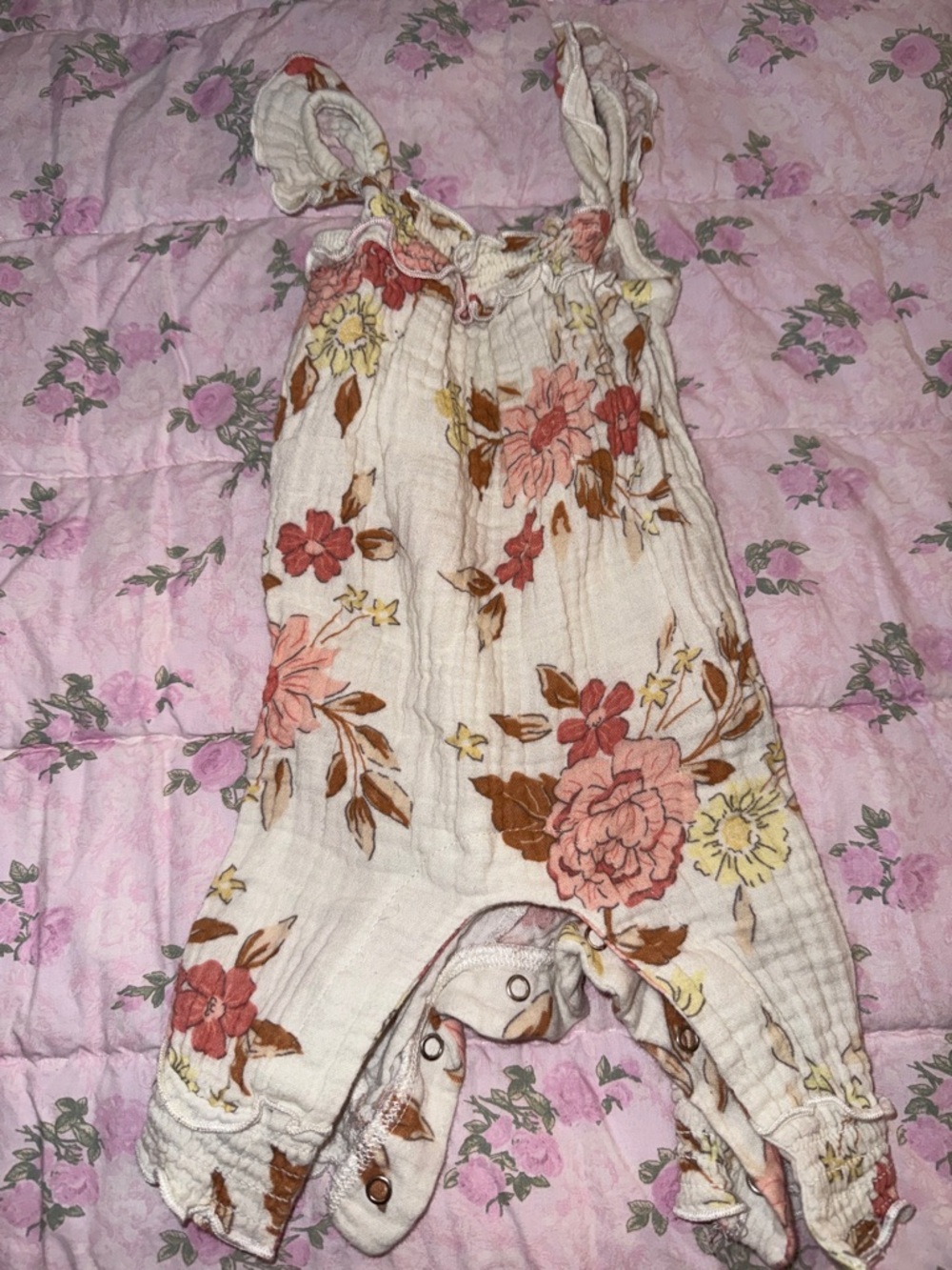 Floral Cotton Baby One-Piece Romper - Cream with Pink & Brown Flowers